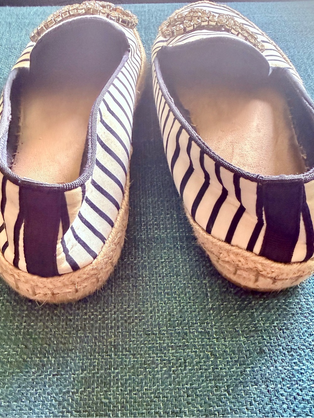 Striped Navy and White Slip-On Espadrilles with Crystal Bow - Picture 5 of 5